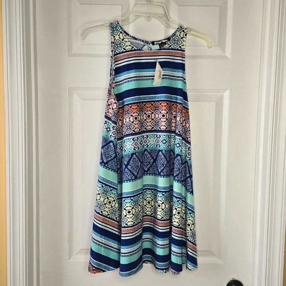 Planet Gold Girl Blue Navy Rugby Combo Multi-Color Keyhole Back Flare Dress Sz S